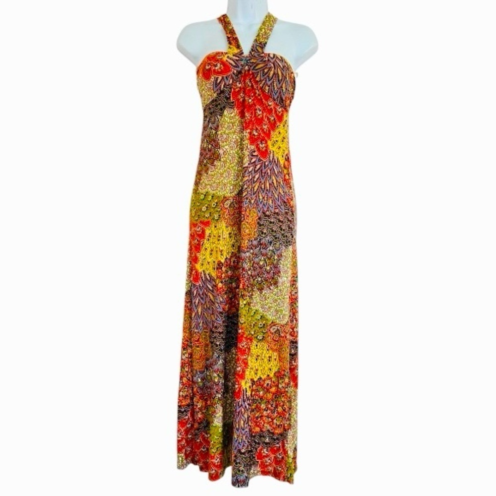 MOA MOA Y2K Boho Paisley Multicolor Halter Empire Waist Maxi Dress Size S
